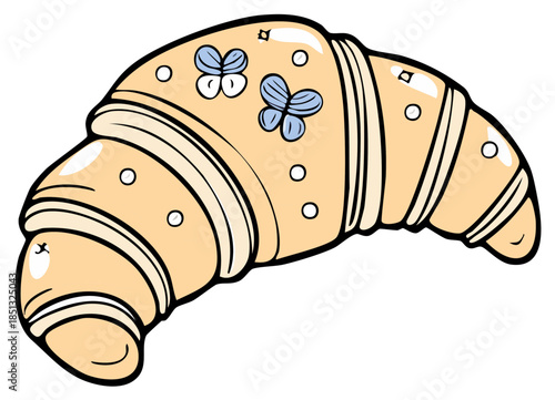 Cute cartoon croissant illustration with shiny blue butterfly decorations