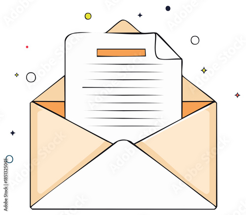 Open Envelope Revealing Sent Letter with Line Detail, Minimalist Illustration of Communication Concept