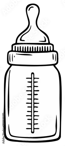Black and white illustration of a baby bottle with nipple and measurement marks for infant feeding