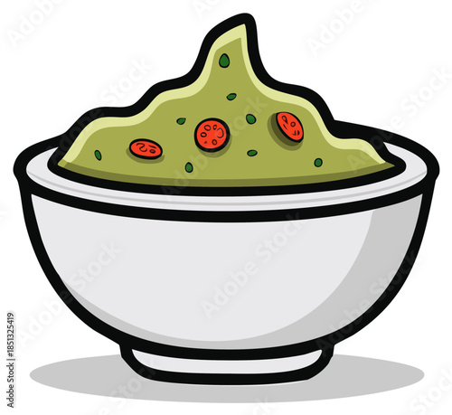 Vector illustration of a bowl of fresh guacamole with chunky tomato pieces