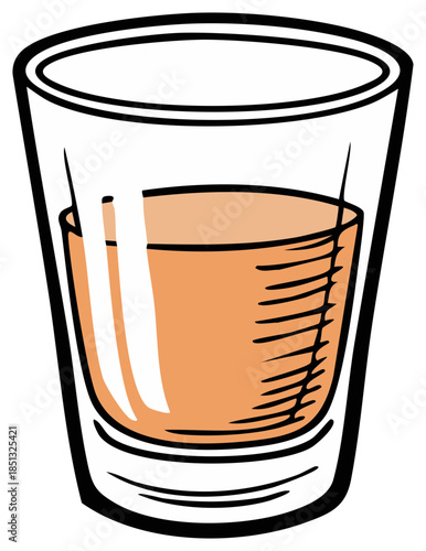 Illustration of a clear shot glass half filled with a golden or orange liquid drink illustration drawing