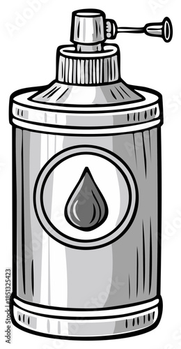 Hand drawn illustration of a silver spray bottle with a droplet logo and nozzle