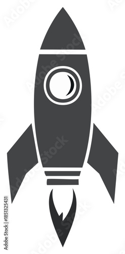 Stylized silhouette of a rocket ship ascending with fiery exhaust