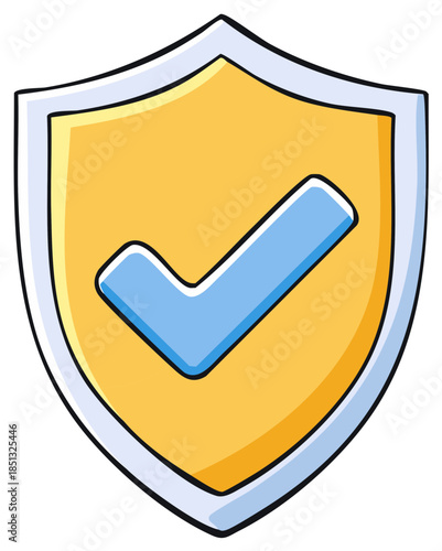 Illustrated golden shield with blue check mark for protection approval and quality