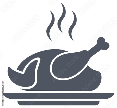 Roasted chicken on plate with steam, simple icon for food, dinner or feast
