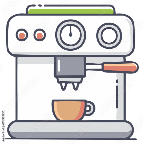 Espresso coffee machine brewing a cup of coffee vector icon illustration