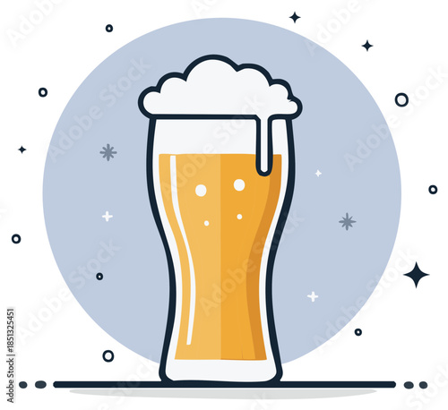 Illustration of a tall glass filled with foamy golden beer and bubbles