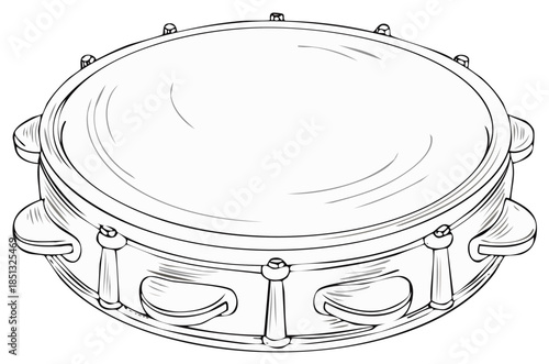Hand drawn illustration of a classic tambourine musical instrument in black and white line art