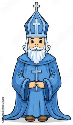 Cute Saint Nicholas Cartoon Character with Staff in Blue Robe and Mitre