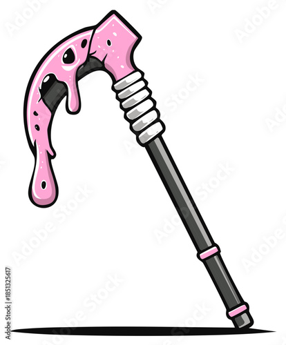 Fantasy cartoon pink melting scythe weapon with dripping slime and textured blade