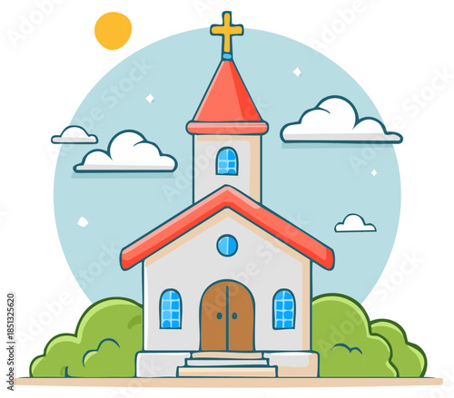 Cartoon Church Building with Cross, Red Roof, and Blue Sky with Clouds in Daytime