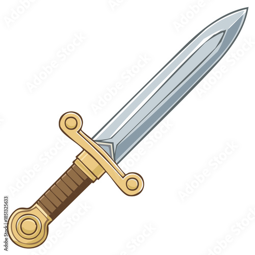 Medieval cartoon short sword or dagger with a golden hilt vector illustration