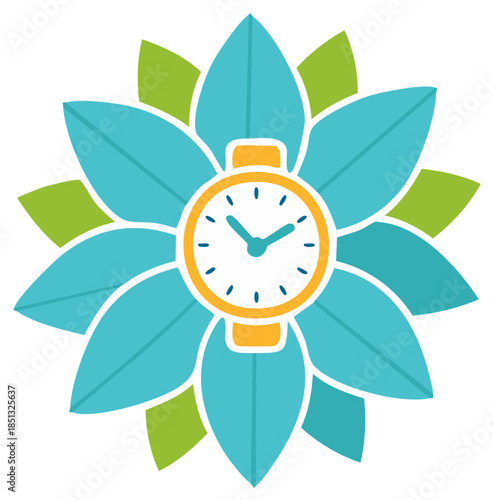 Vibrant Clock Watch Face Surrounded by Petal Leaves Time and Nature Graphic