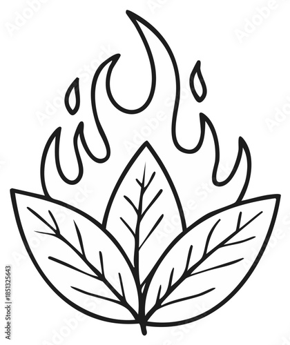 Stylized illustration of a tobacco leaf on fire with vibrant flames