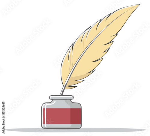 Classic Feather Pen Resting in a Red Inkwell symbolizing writing and creativity