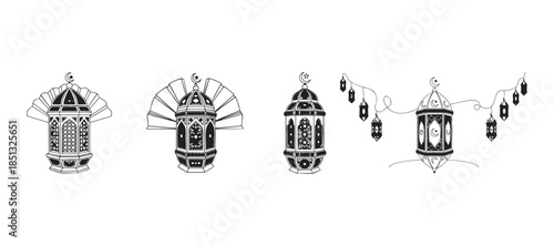 minimal crescent moon and lantern continuous line art elegant islamic illustration in black on white for ramadan eid and religious design projects