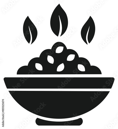 Stylized black icon illustrating a healthy bowl brimming with organic seeds and gently rising fresh leaves