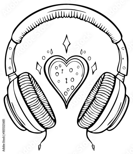 Headphones with heart emblem, love of music, audio listening, sound symbol