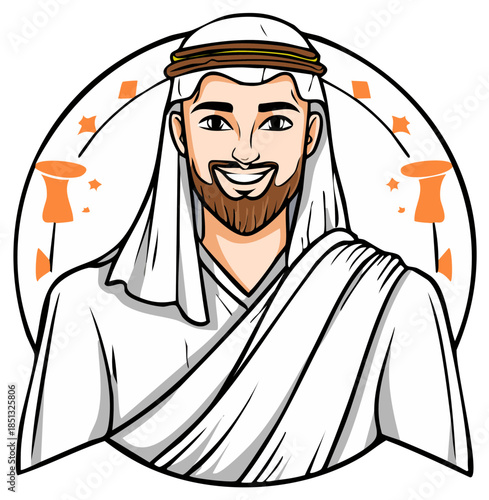 Happy Middle Eastern man in traditional attire smiling vector illustration
