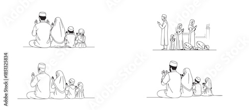 minimal muslim family and prayer activities line art set simple islamic illustration in black on white for education culture and religious design