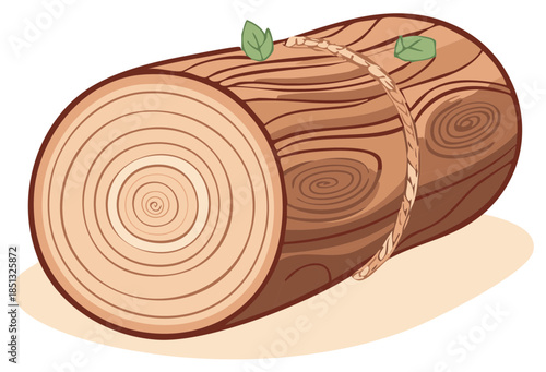 Cartoon illustration of a cut wooden log with growth rings and a rope tied around it