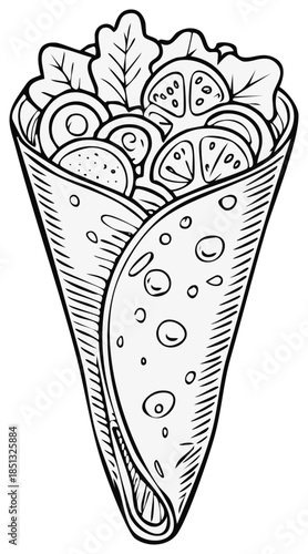 Doodle style sketch of a hand drawn wrap filled with fresh greens and tomatoes in black and white