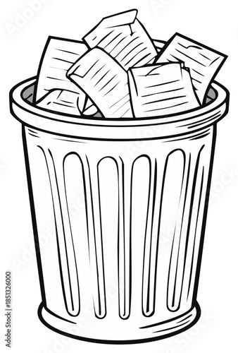 Line art illustration of waste bin overflowing with crumpled paper documents