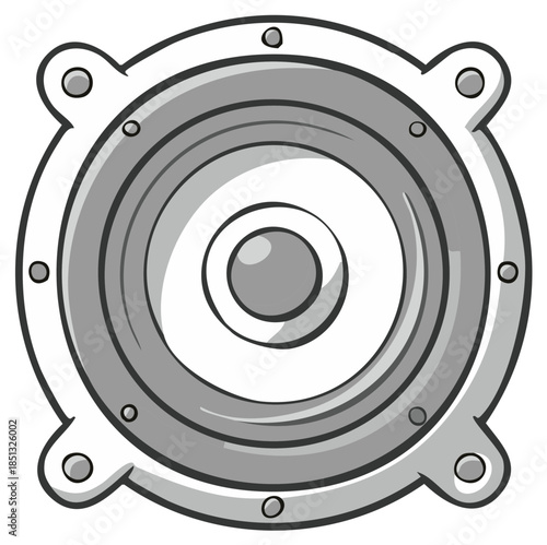 Illustrated gray speaker, sound system element, cartoonish style, graphic design element for audio-visual projects.