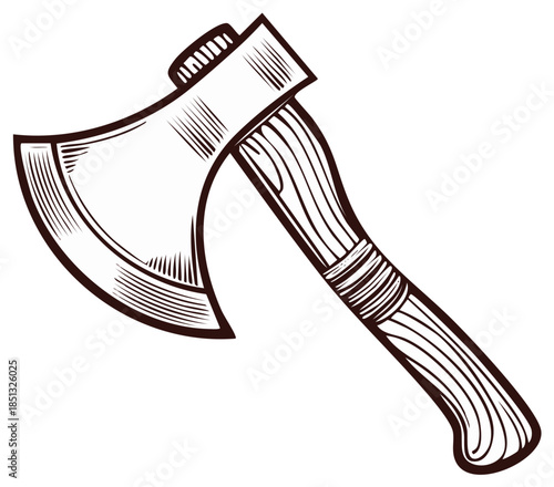 Hand-drawn axe illustration. Isolated tool with wooden handle in graphic style