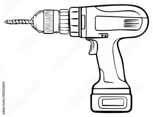 Cordless power drill with screw bit illustration, construction and repair equipment line art for print and web design