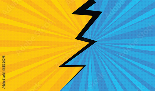 Bold Yellow and Blue Comic Book Clash Background with Zigzag Lightning Bolt and Radial Burst, comic background