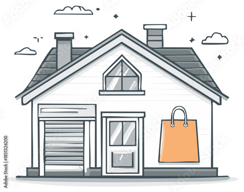 Whimsical doodle style house with shopping bag on porch symbolizing home delivery and online shopping