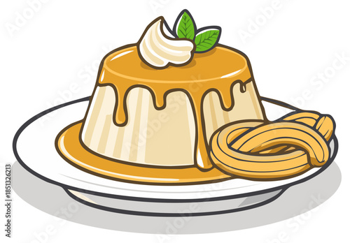 Caramel Flan Dessert with Churros and Whipped Cream