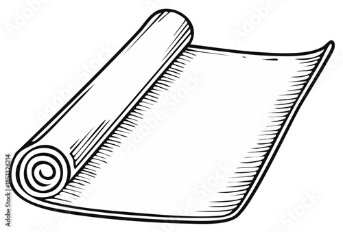 Hand drawn sketch of a rolled up mat or rug unrolling