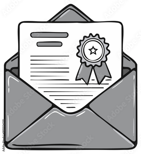 Envelope holding a certificate of achievement with ribbon and star icon drawing