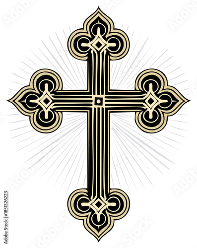Ornate Christian Cross with Rays of Light emanating from the center