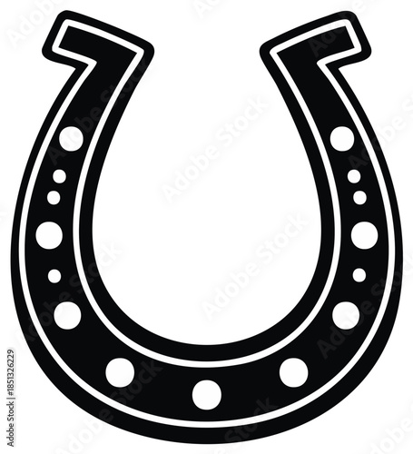Traditional good luck horseshoe symbol, black and white outline drawing with decorative holes