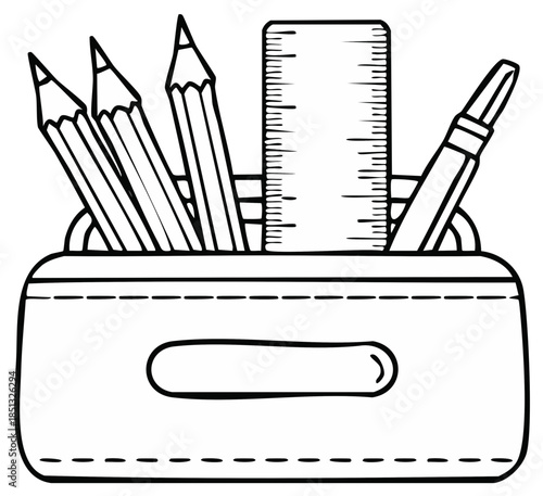 Black and white line art illustration of a pencil case with school supplies for coloring
