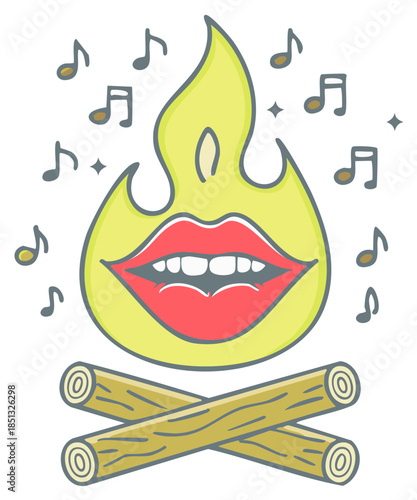 Cartoon campfire with singing flames and musical notes illustration