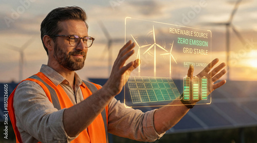 An engineer using futuristic technology to manage sustainable smart renewable solar and wind power energy