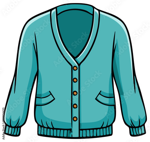 Teal blue cardigan sweater with buttons and pockets in a simple illustration