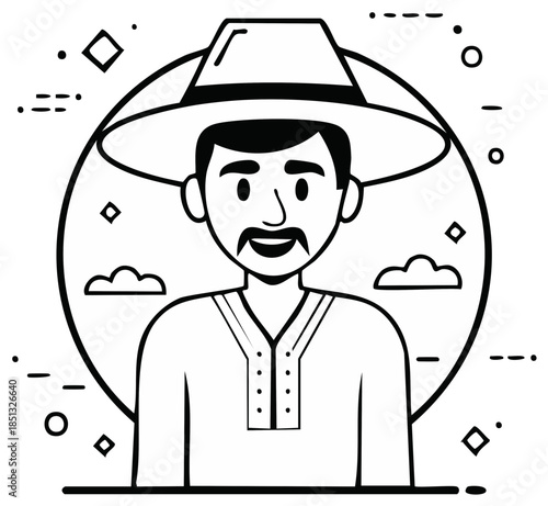 Smiling Man with Mustache and Wide Brim Hat Vector Illustration Icon