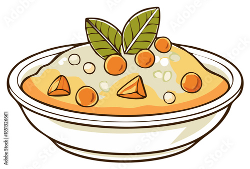 Appetizing cartoon bowl of food with colorful vegetables and fresh green garnish illustration