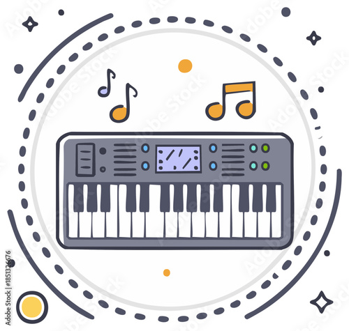 Hand drawn digital keyboard with musical notes and decorative circle border