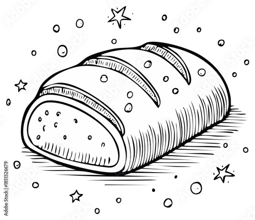 Hand Drawn Loaf of Bread with Stars and Bubbles Illustrative Style