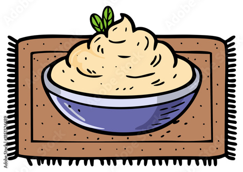 Hand drawn illustration of a bowl of light yellow dip with green herb garnish on a textured brown mat with fringed edges.