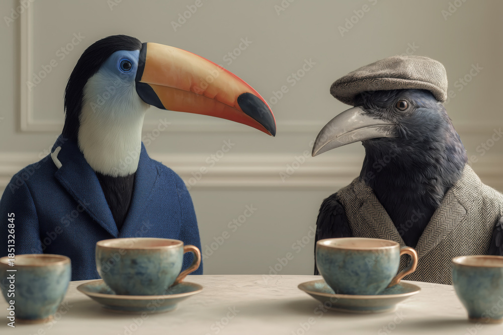 Naklejka premium Colorful Toucan and Black Crow Sharing Coffee at a Minimalist Café Table