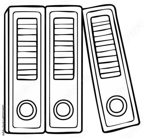 Three stacked and leaning ring binders with horizontal lined tabs and finger pull rings