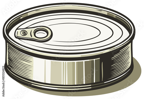 Realistic silver metal can with a ring pull opener, preserved food or ingredient, icon illustration, vector image, close-up, detailed design
