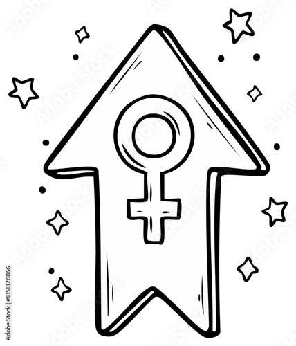 Arrow with female symbol and stars, vector illustration for feminist or empowerment concept.